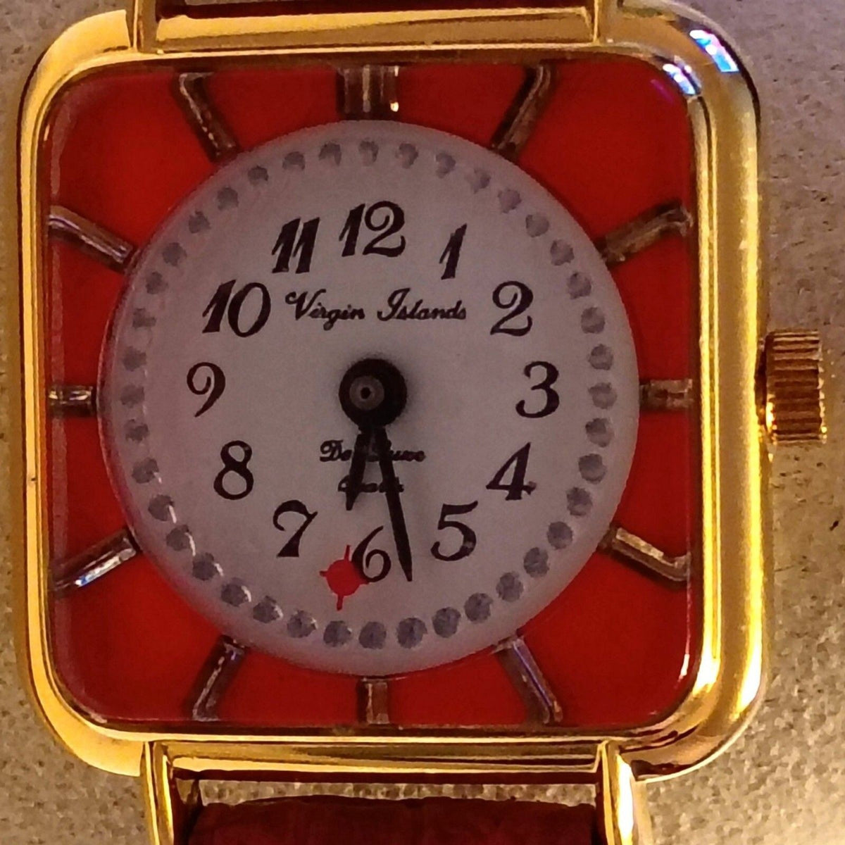 Virgin Islands De Luxe Bold Red Dial Gold-Tone Square Case Dancing Wristwatch