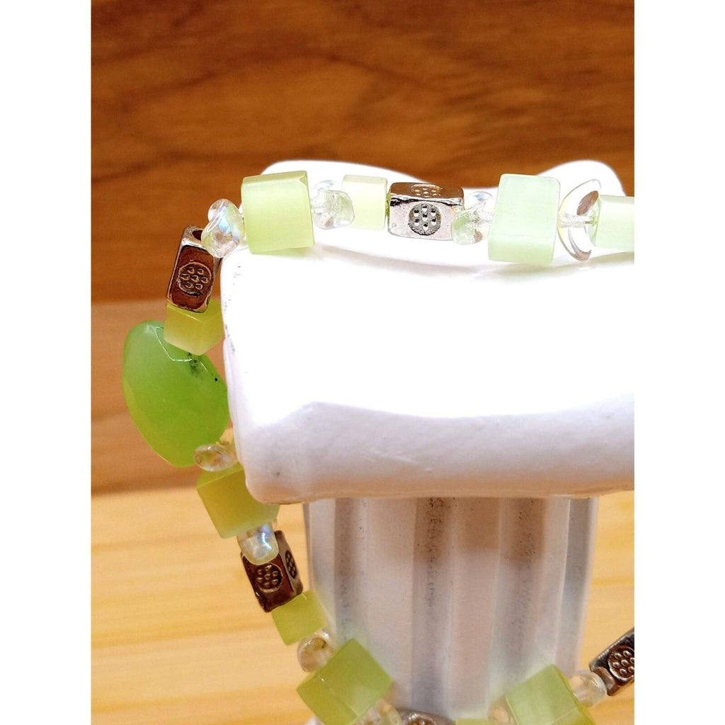 Vintage Seafoam Green Glass & Lucite Beaded Bracelet with Silver Spacers