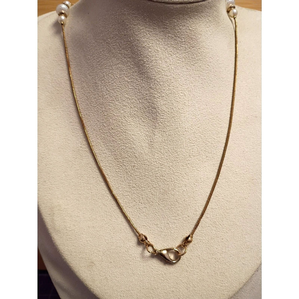 Vintage Gold Tone Station Tassel Necklace with Faux Pearls & White Beads