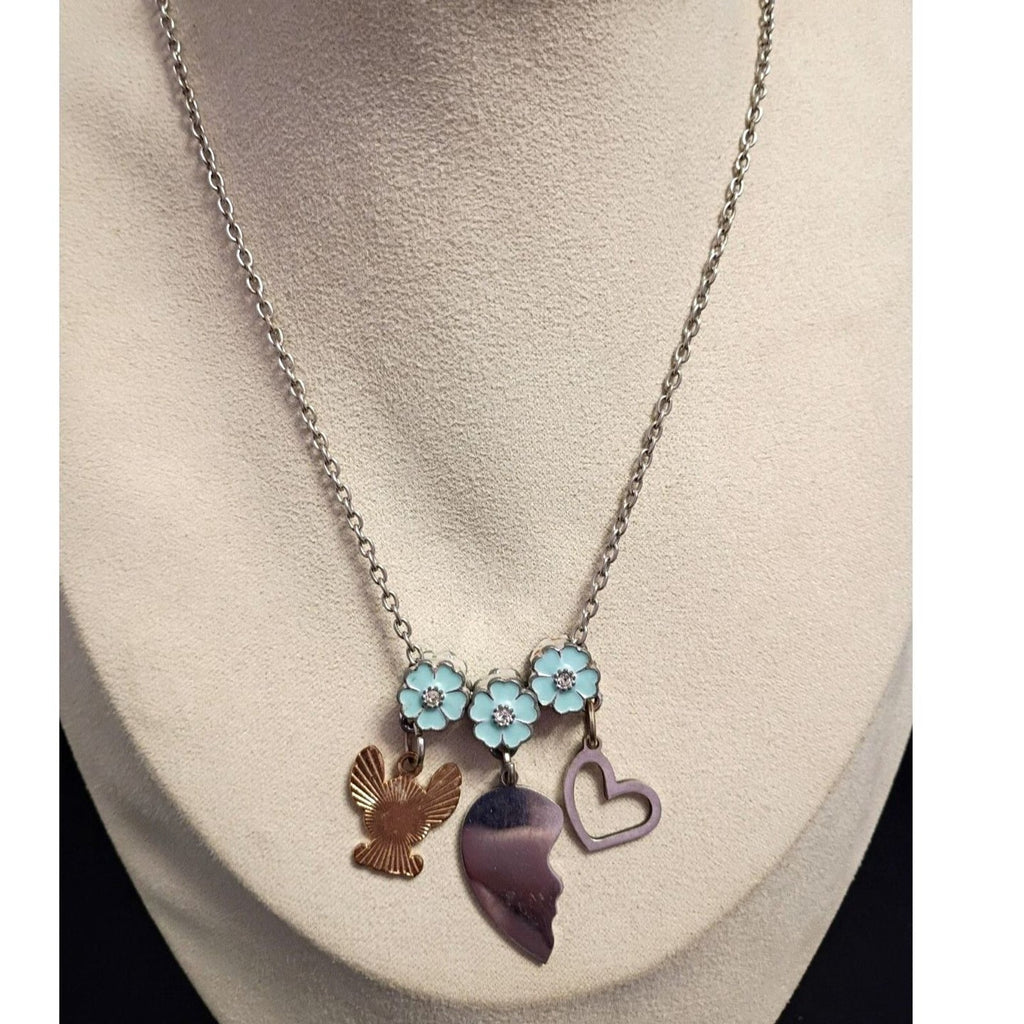 Vintage Silver-Toned Blue Flower and Heart Charm Necklace