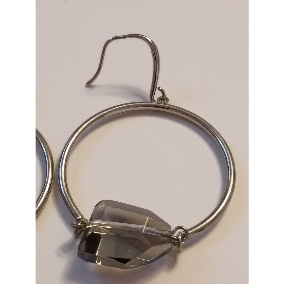 Vintage Classic Large Smoky Crystal Silver Toned Swing Hoop Earrings