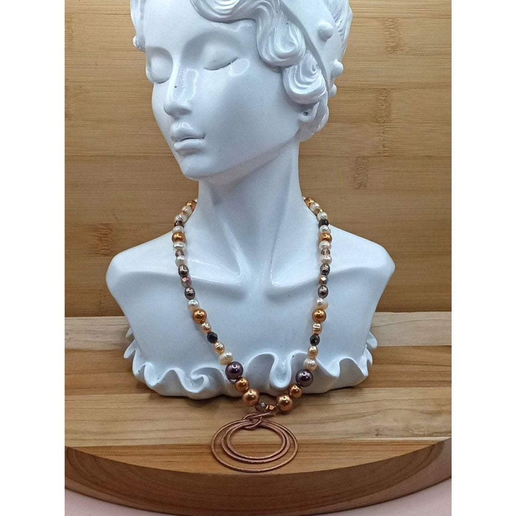 Chocolate & Copper Faux Pearl Beaded Necklace with Concentric Circle Pendant