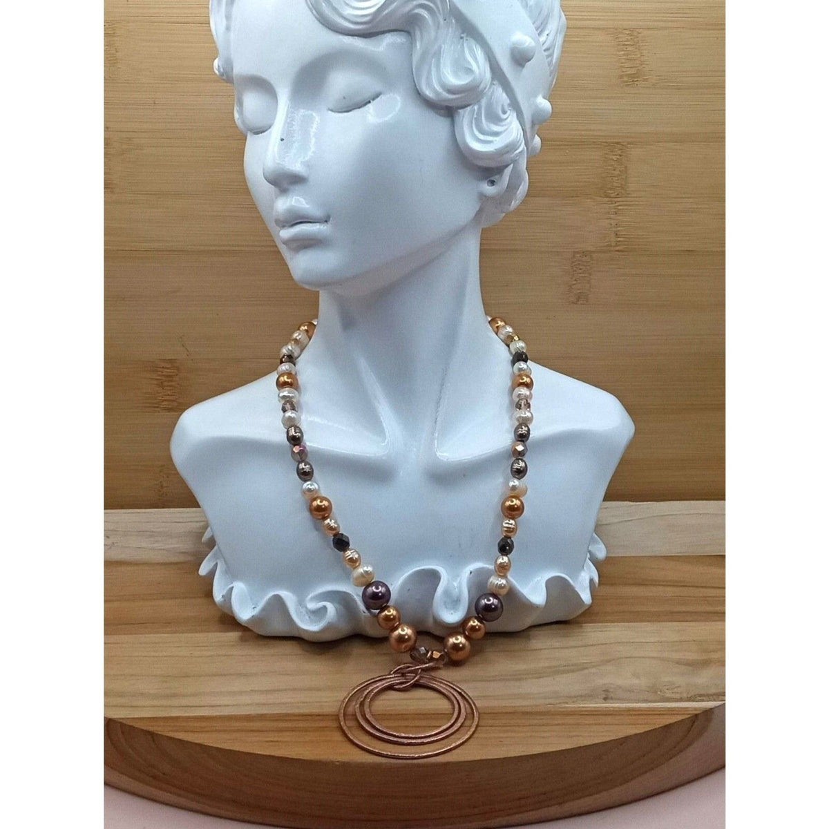Chocolate & Copper Faux Pearl Beaded Necklace with Concentric Circle Pendant