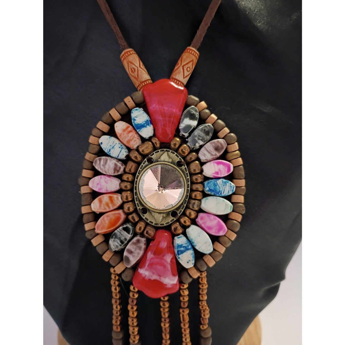 Vintage Leather Bohemian Style Necklace Features a Colorful resin Beaded Pendant