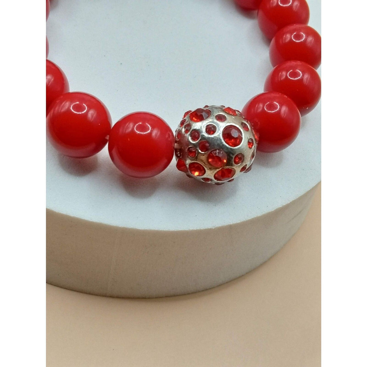 Vintage Red Beaded Bracelet with Rhinestone Silver-Tone Accent Bead