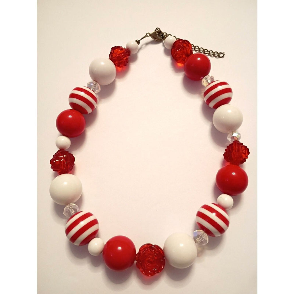 Chunky Bubblegum Necklace with Red, White and Striped beads of Different Sizes