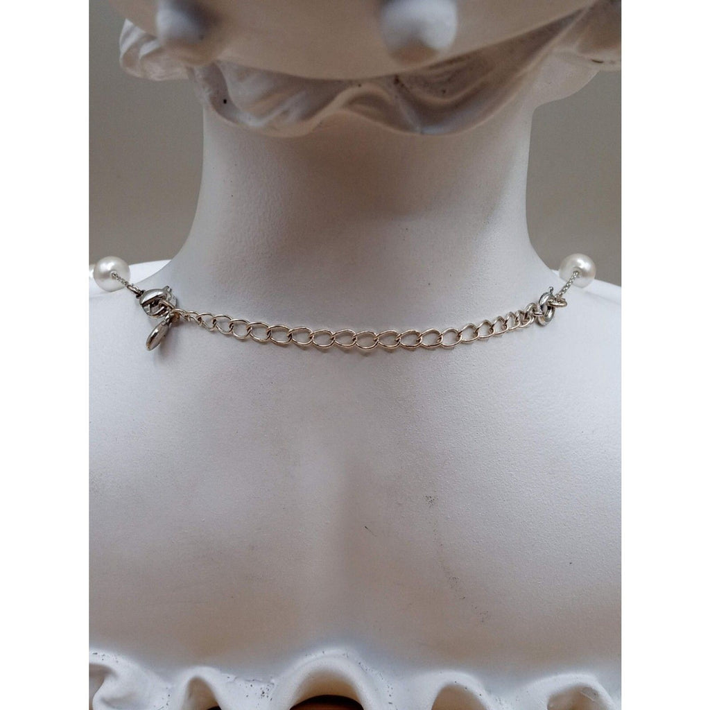 90s Women Rmn Designer Silver Tone White Faux Pearl Necklace