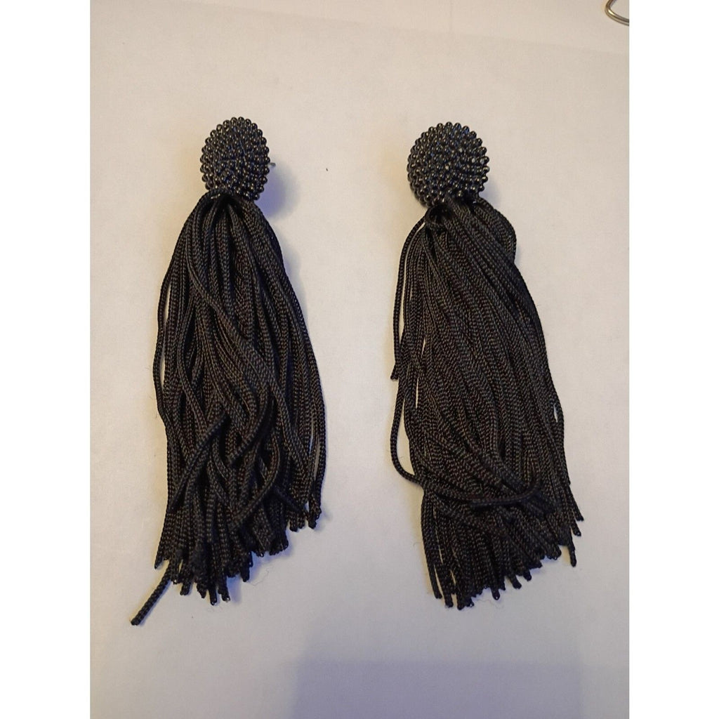 Vintage Elegant Beaded Circle Black Tassel Dangle 4" Drop Earrings