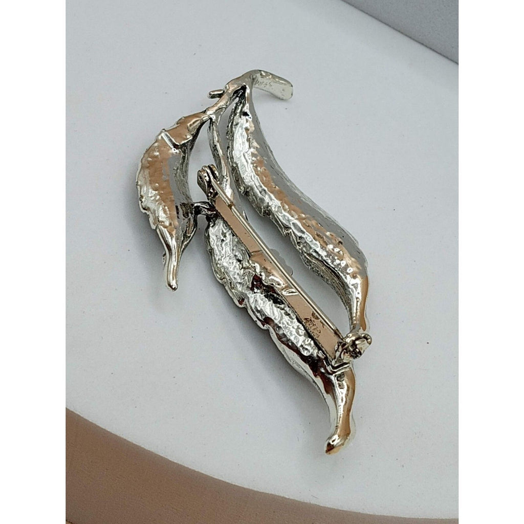 Vintage Nature Pin Brooch Silver Toned Textured Leave Design