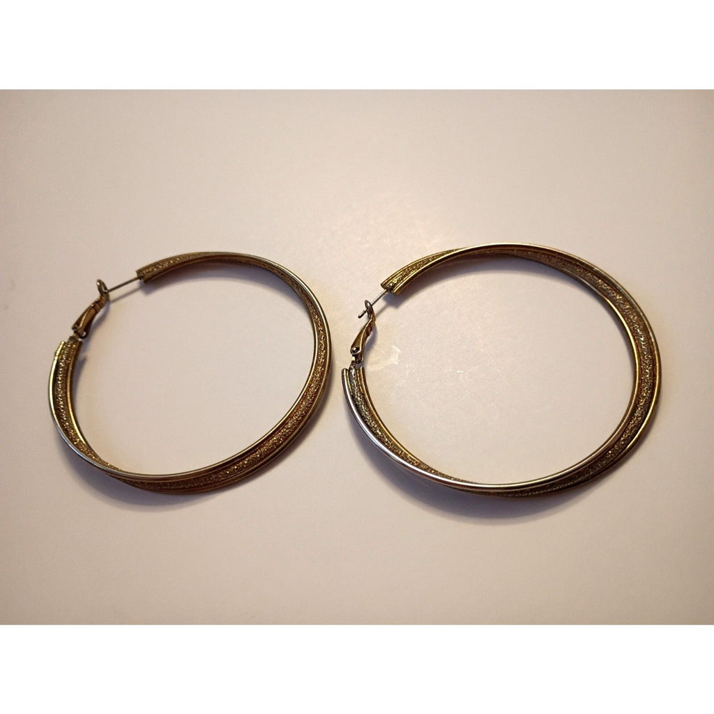 Vintage 2" Large Twisted Two-Tone Gold & Silver Druzy Center Hoop Earrings