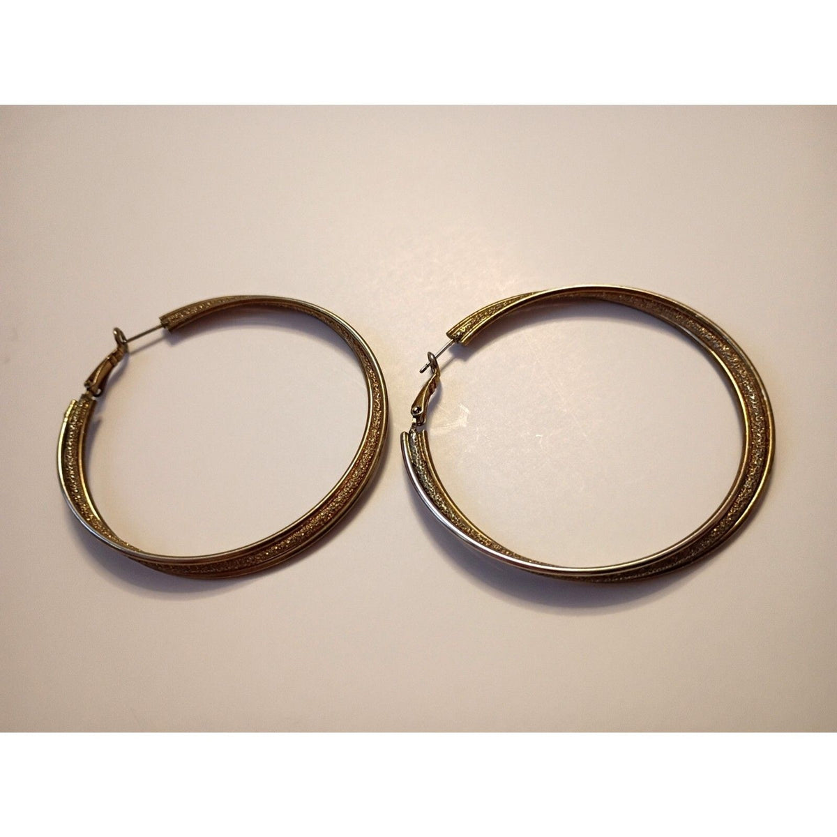 Vintage 2" Large Twisted Two-Tone Gold & Silver Druzy Center Hoop Earrings