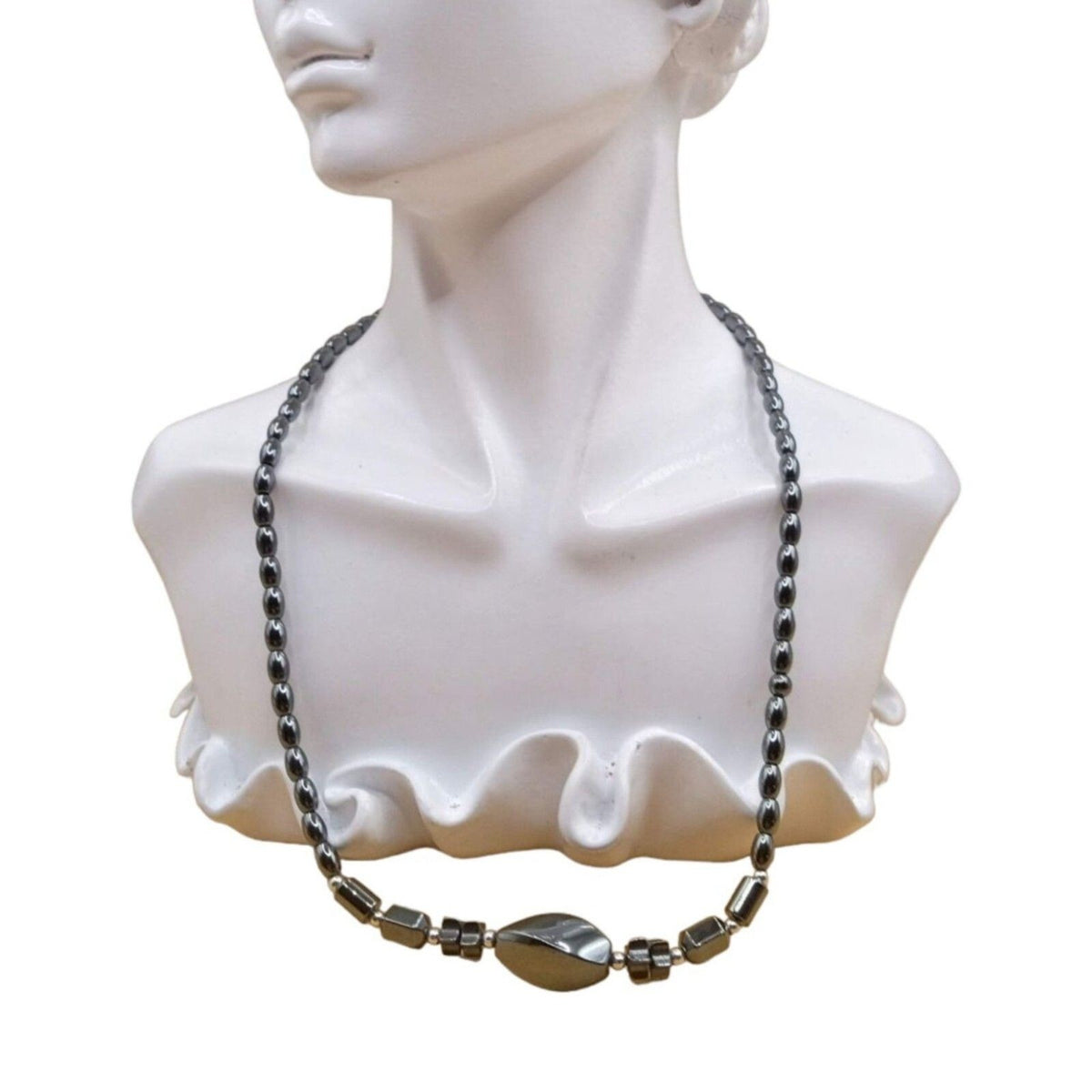 Vintage Geometric Hematite Natural Beaded Necklace Oval Barrel Star