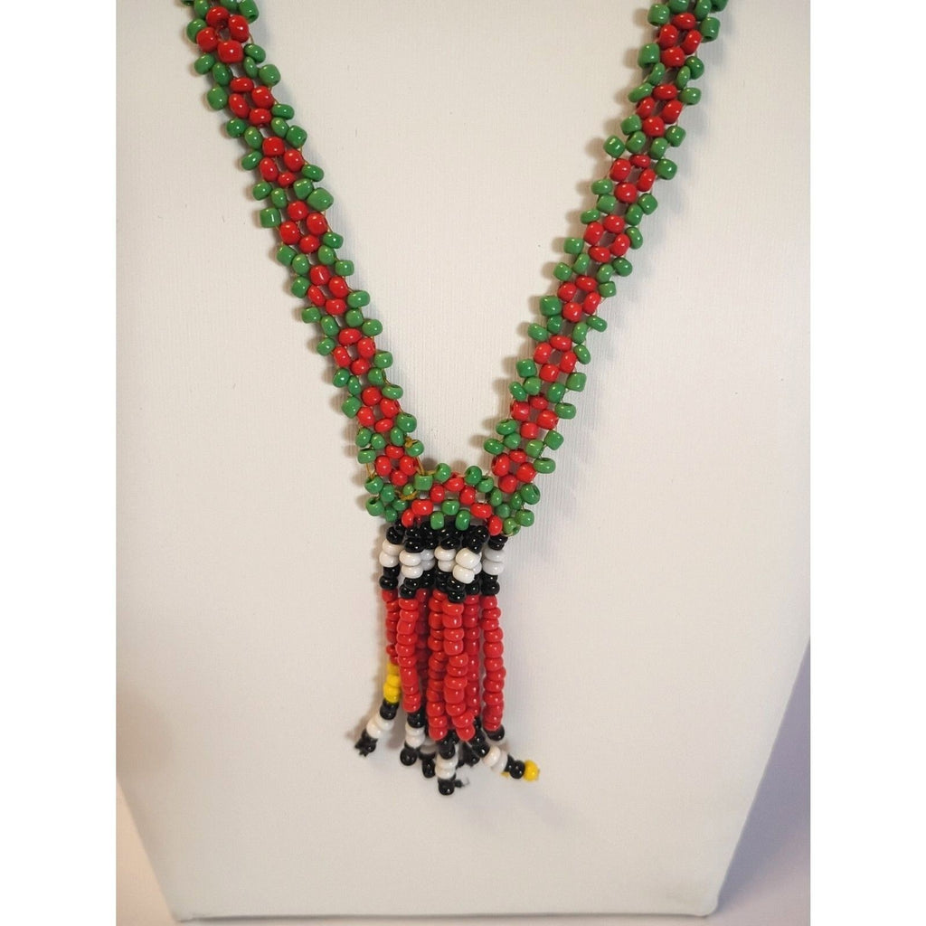 Vintage Lovely Seed Bead Red and Green Netted Chain Tassel Necklace Tribal Style