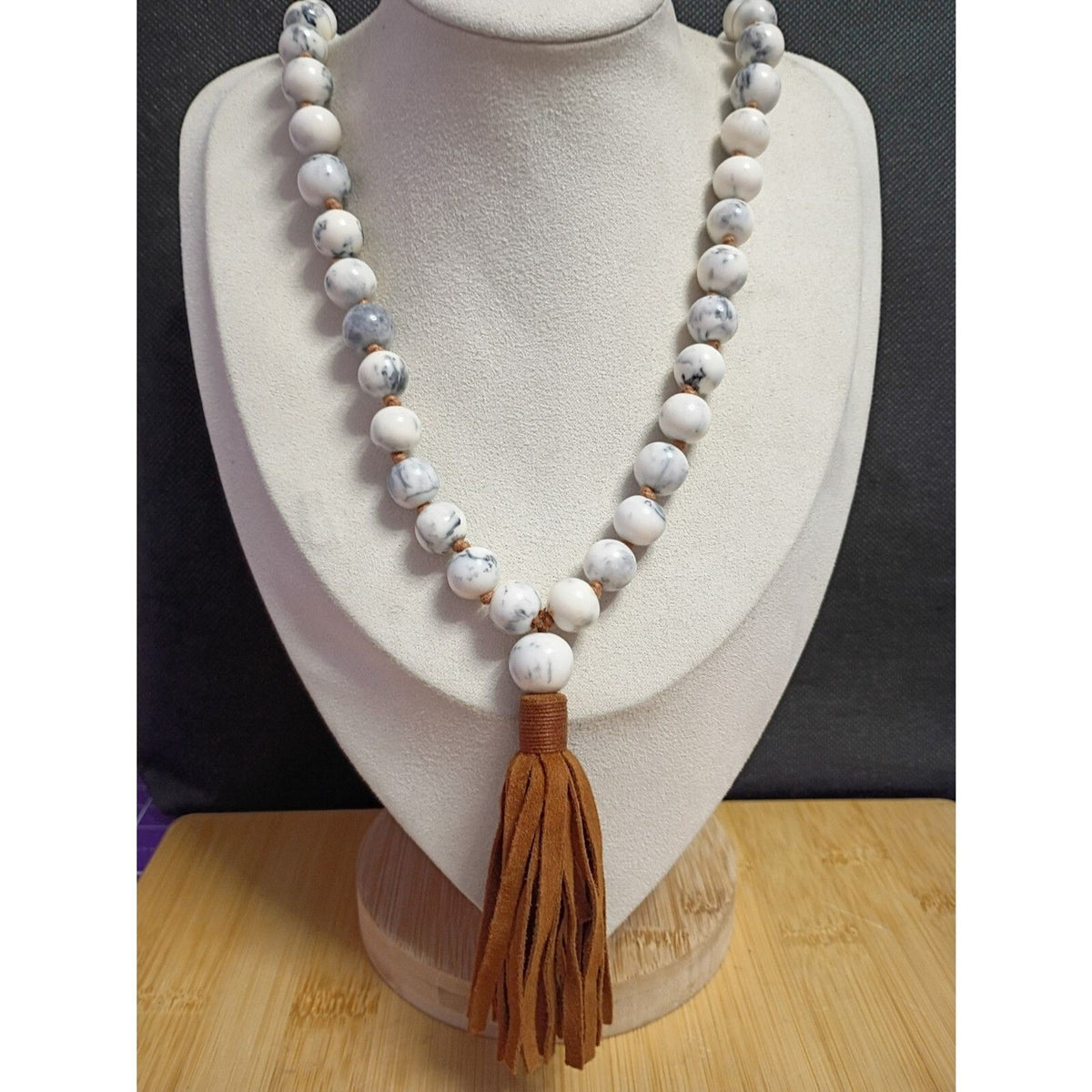 Vintage Black & White Howlite Stone Bead Tassel Necklace & Bracelet Set