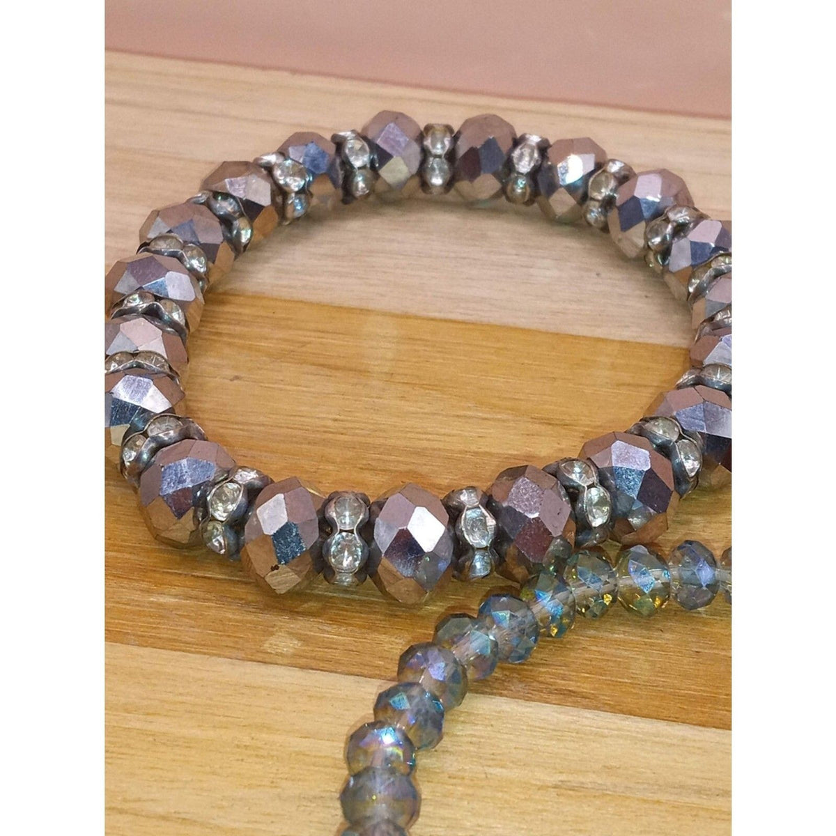 Vintage 3-Piece Stackable Crystal Beaded Bracelet Set - Red, Blue & Silver