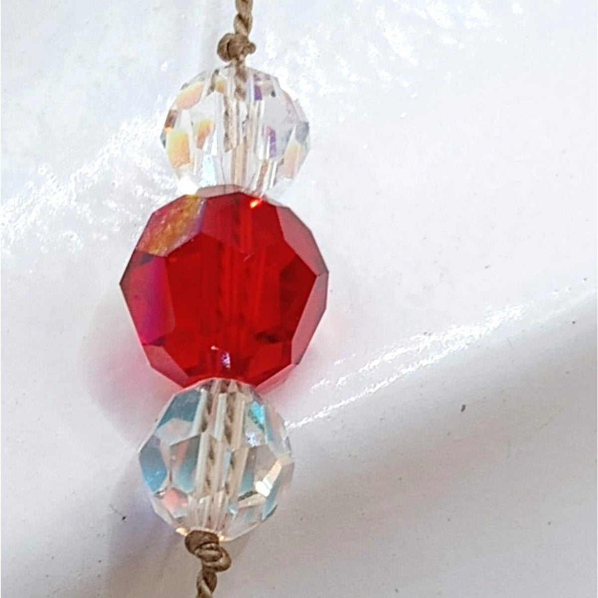 60s Iridescent Red, Clear Octagonal Cut Crystal Bead Necklace .925 Silver Clasp