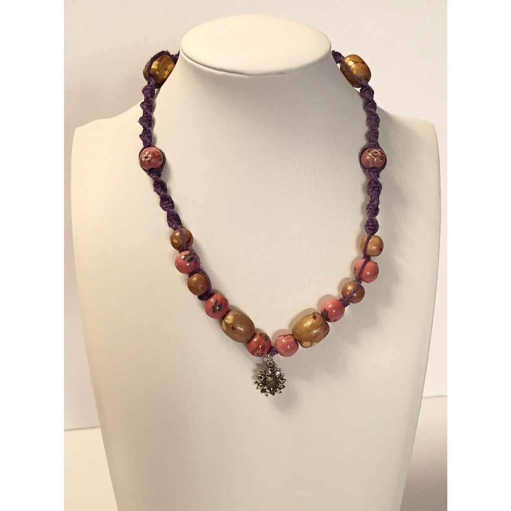 Necklace of Pink Floral beads Rustic Wooden bead Purple Cord