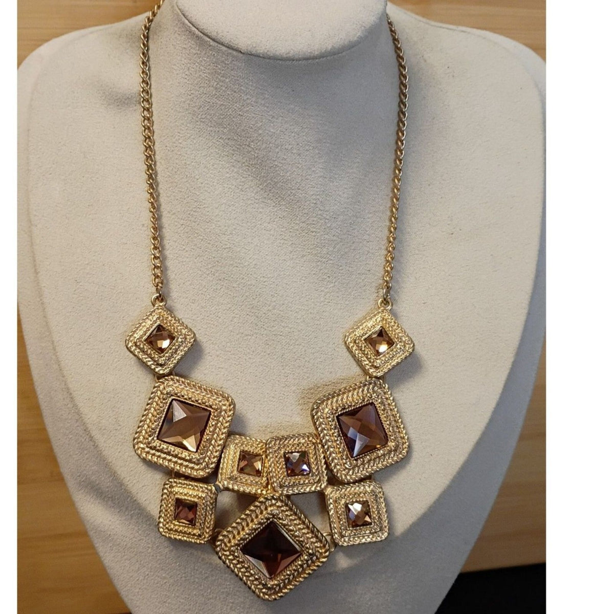 Vintage Gold-Tone Geometric Plaque Necklace with Amber Rhinestones