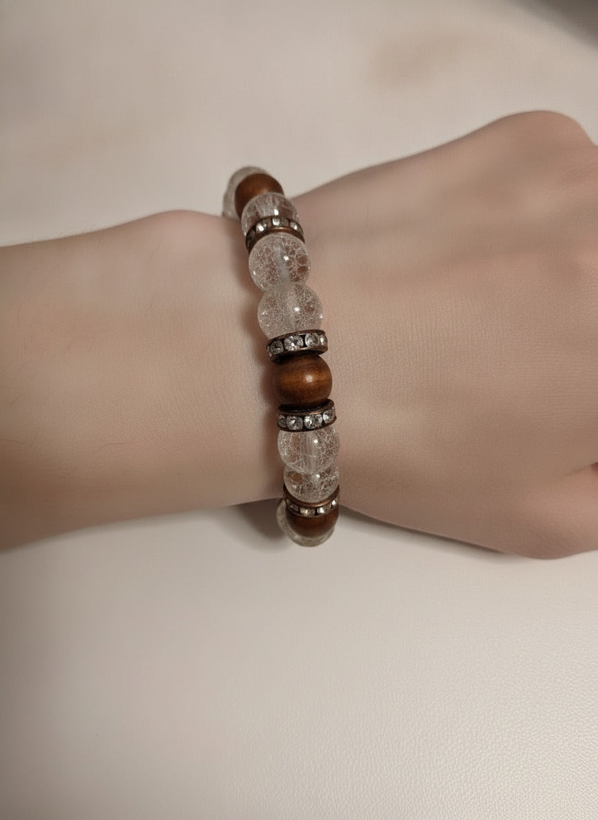 Vintage Clear Crackle Bead and Brown Bead Stretch Bracelet Rhinestone Spacers