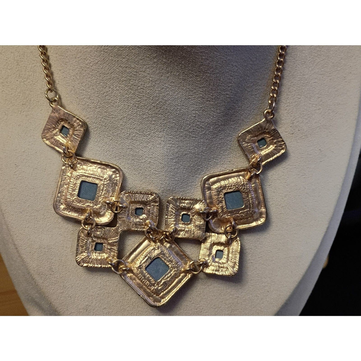 Vintage Gold-Tone Geometric Plaque Necklace with Amber Rhinestones