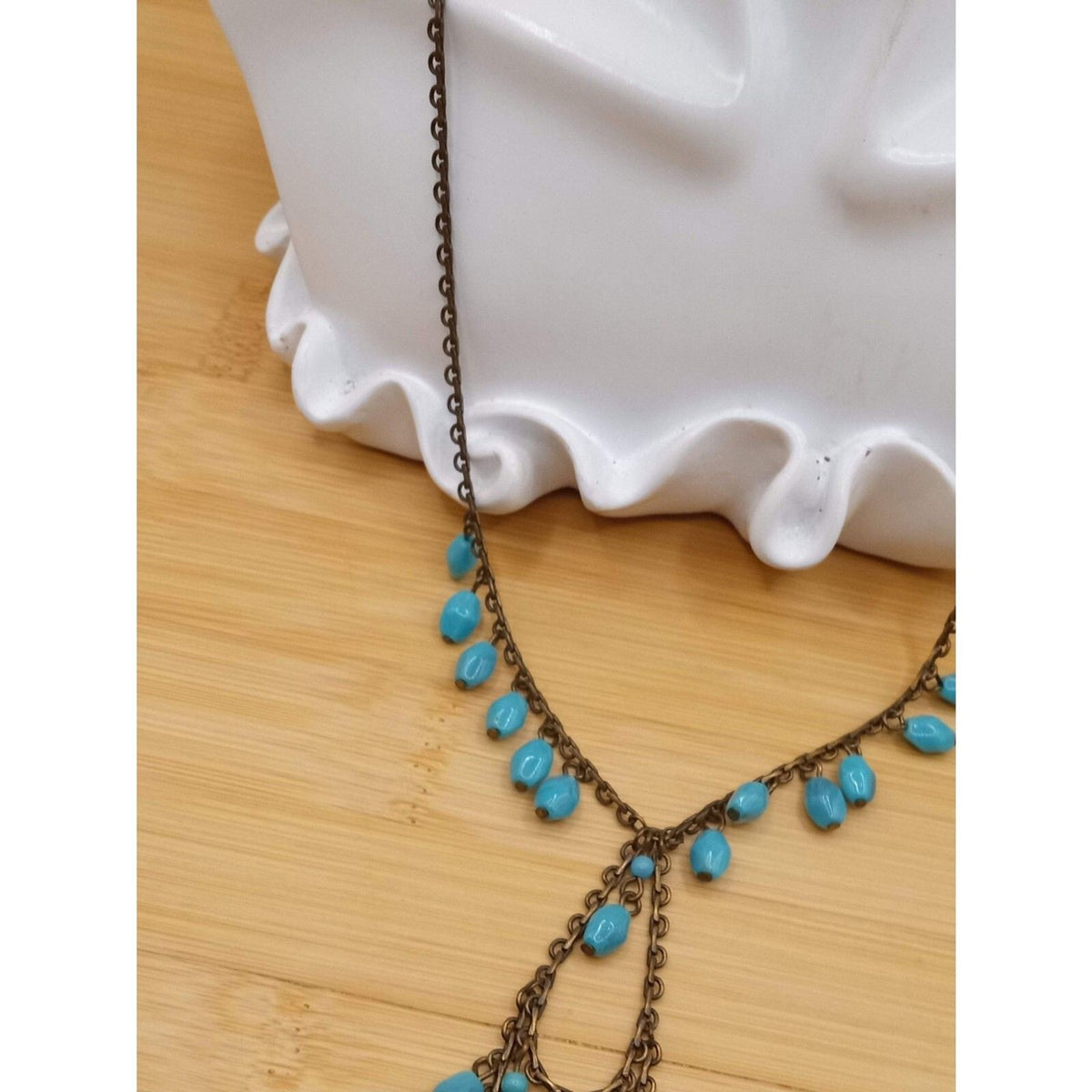 Vintage Acrylic Turquoise, Brass Colored Beaded Victorian Style Bib Necklace