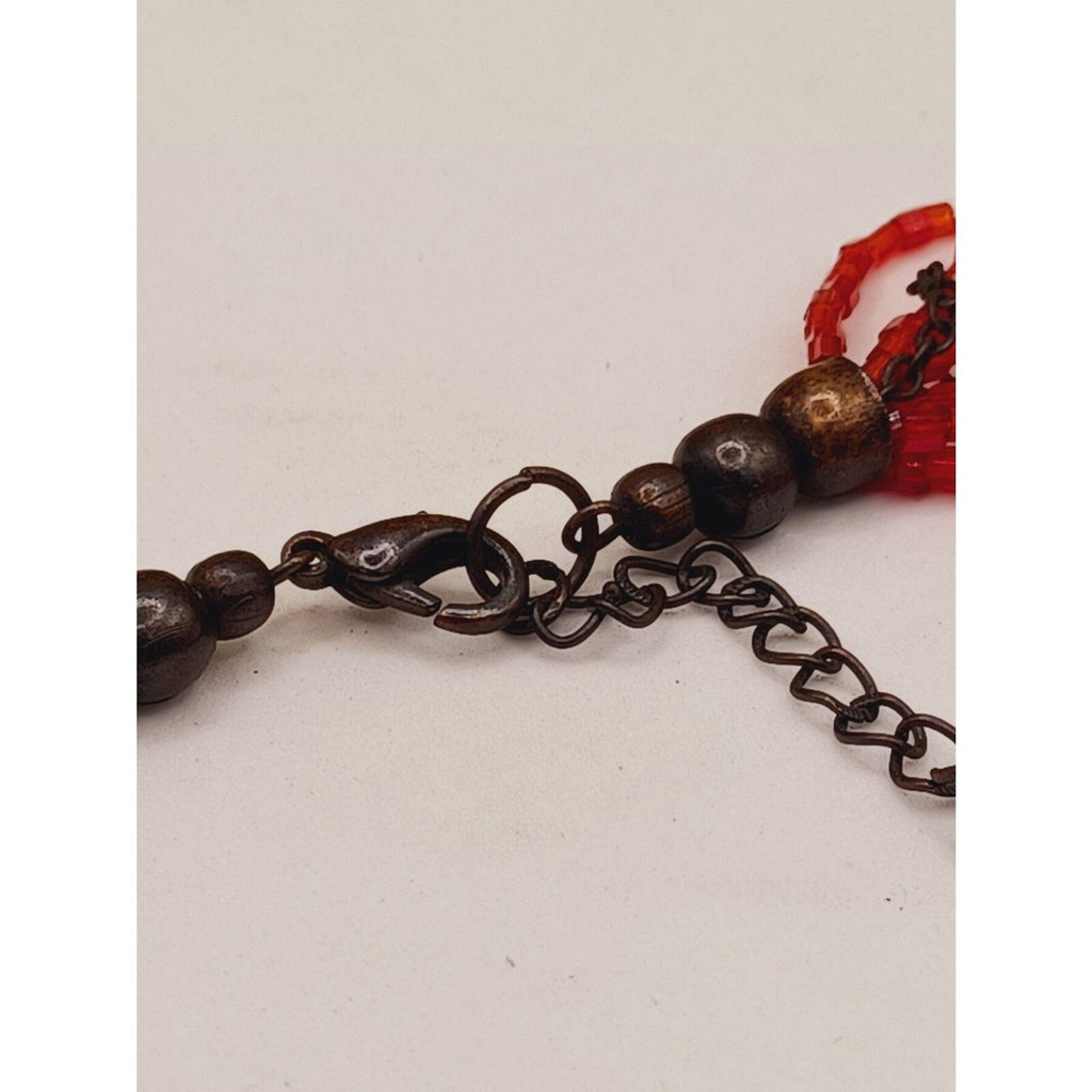Multi Strand Layered Red Beads Bronze Color Flower Necklace