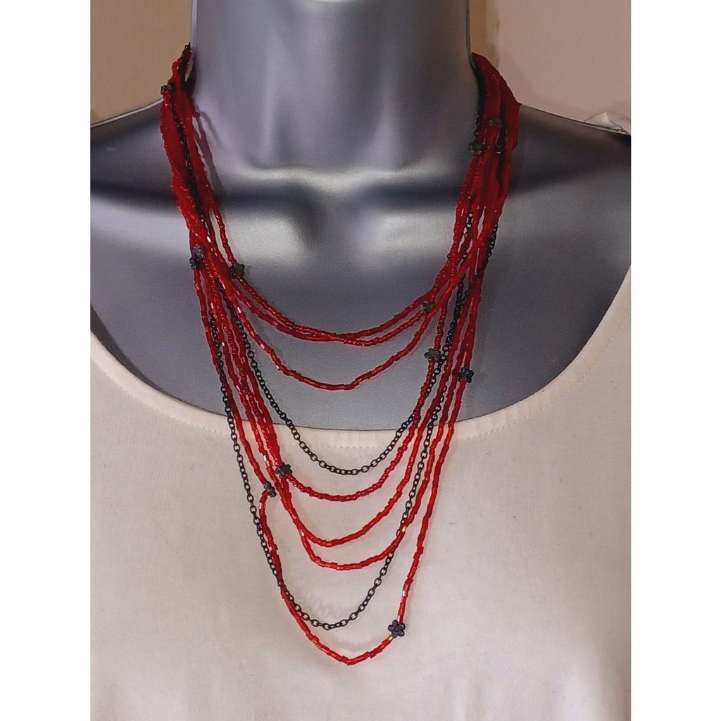 Multi Strand Layered Red Beads Bronze Color Flower Necklace