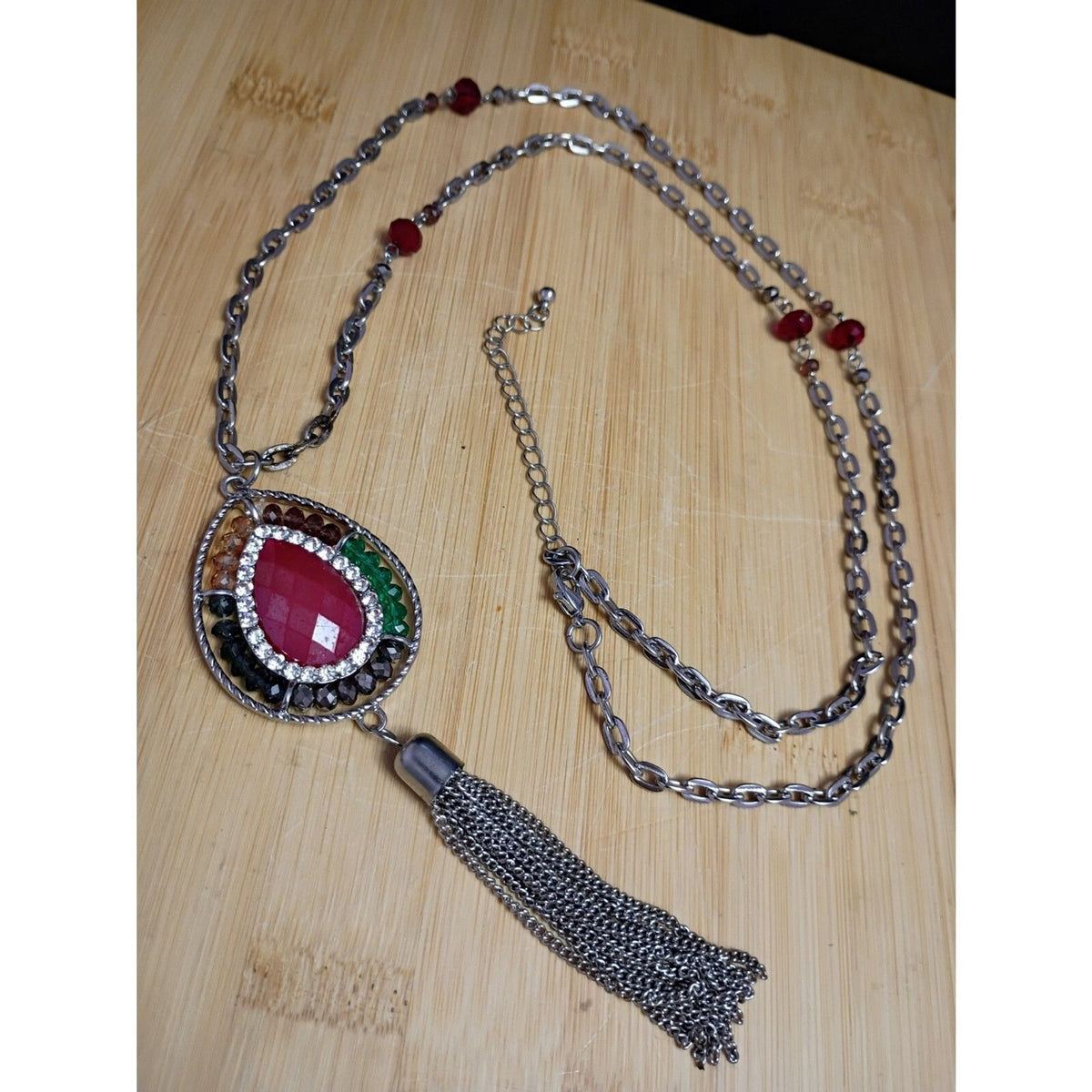 Vintage Red Teardrop Pendant Necklace Tassel Chain & Chakra Beads