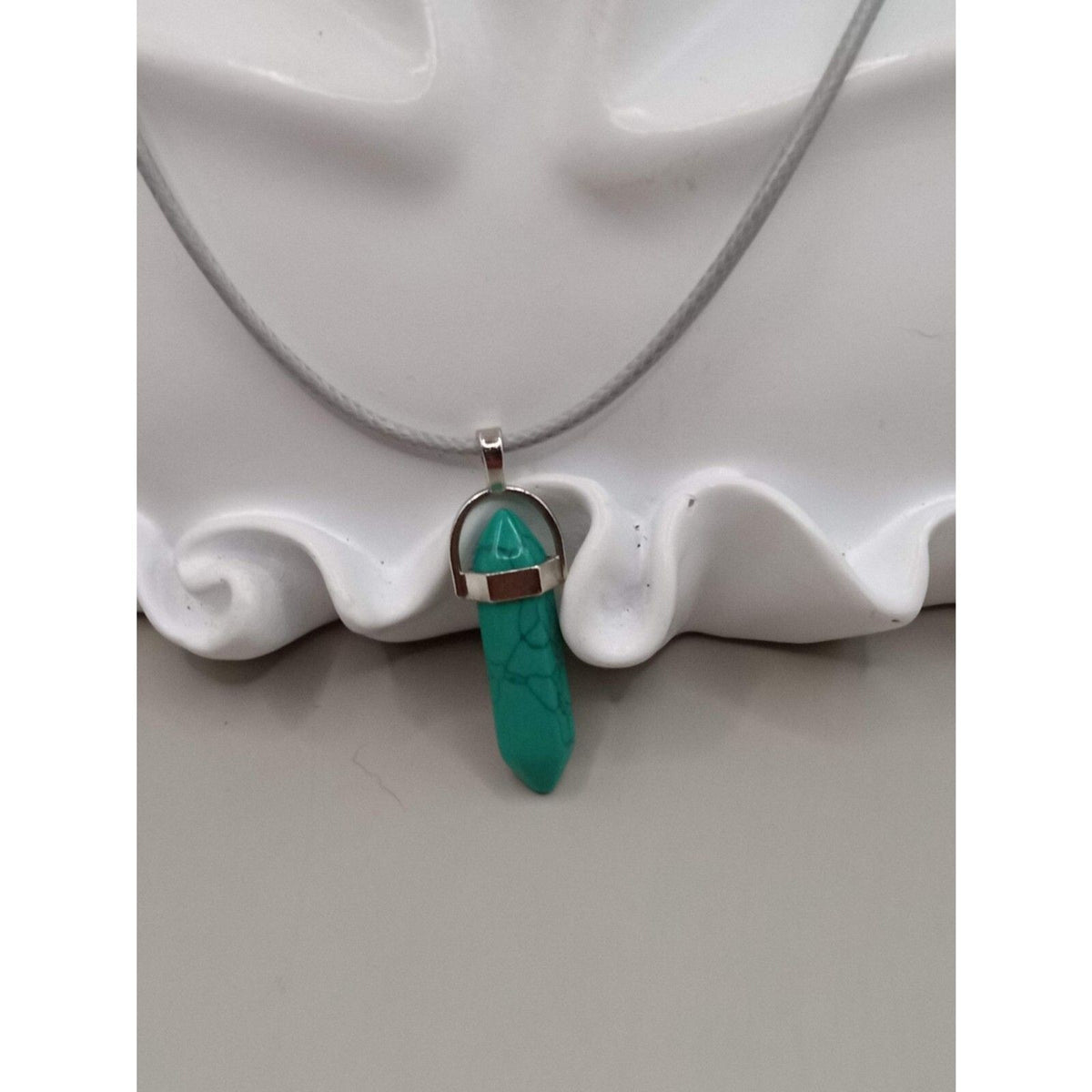 Pointed Turquoise Stone Pendant Necklace on Gray Cord