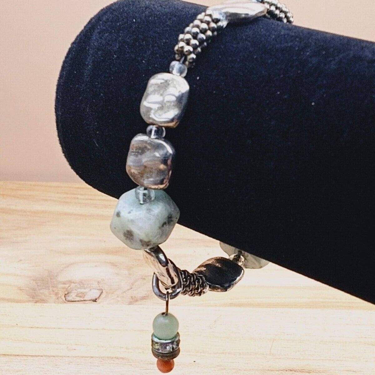 Natural Kiwi Jasper & Silvertone Charm Bracelet Dangle Charm