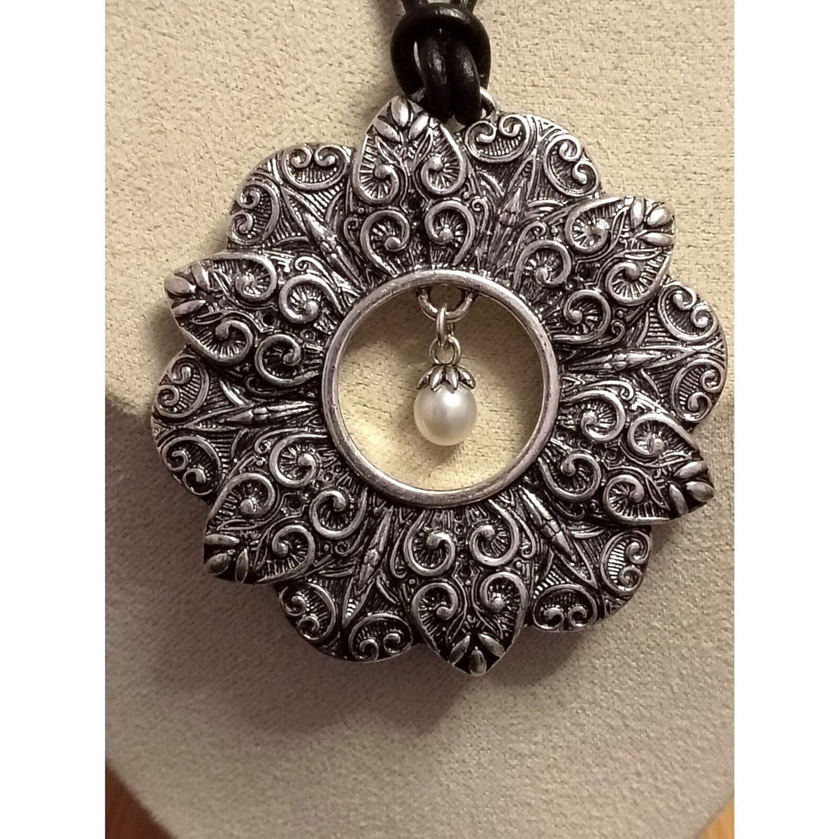 Vintage Vantel Pearls Filigree Pendant Necklace with Pearl Charm on a Black Cord