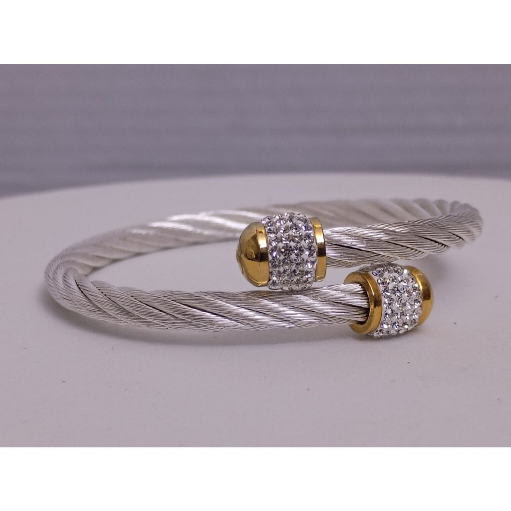 Marsala Signed Stainless Steel Cable Rope & Rhinestone Barrel Accent Cuff Bracelet