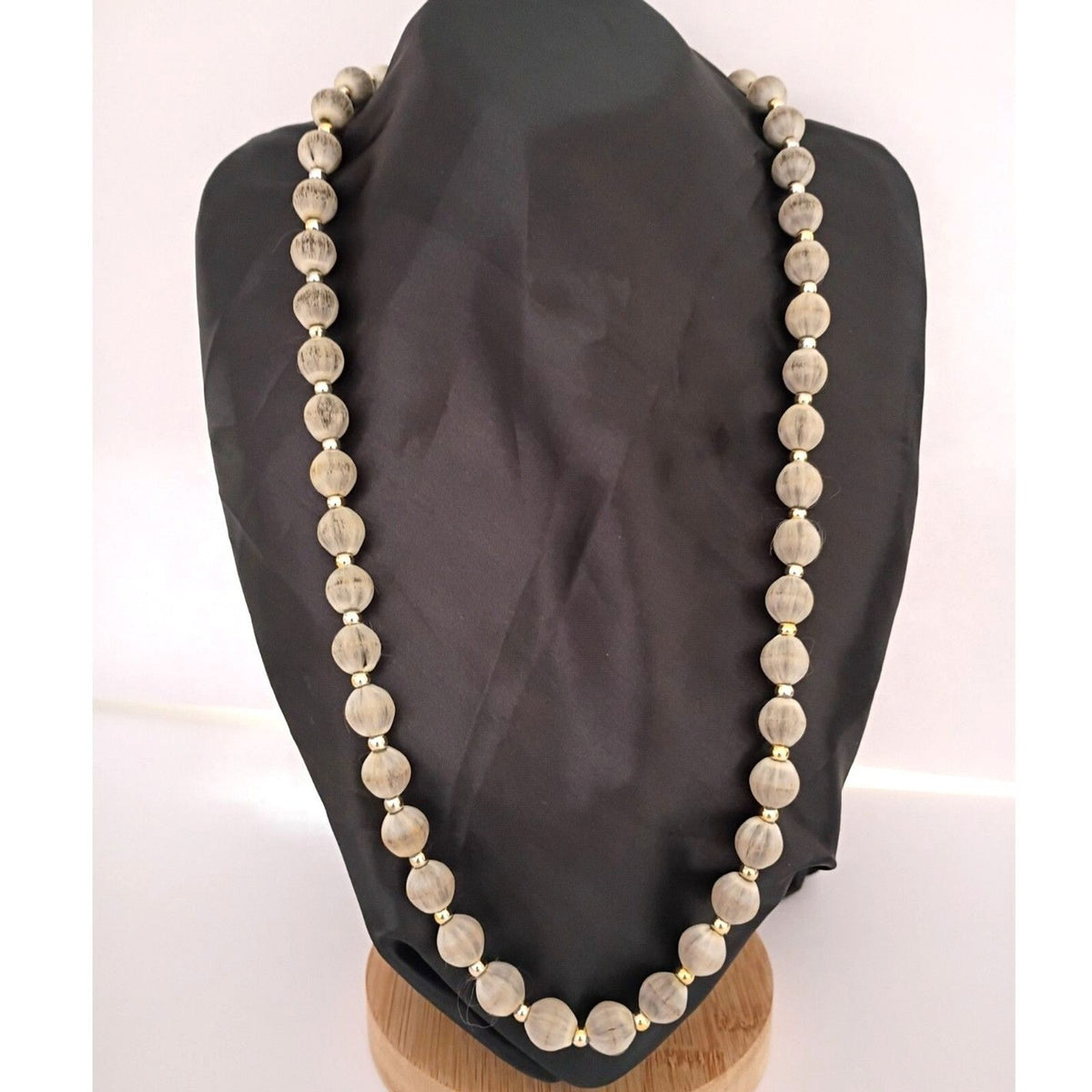 Matinee Necklace of Gray Satin Silk Thread Wrapped beads
