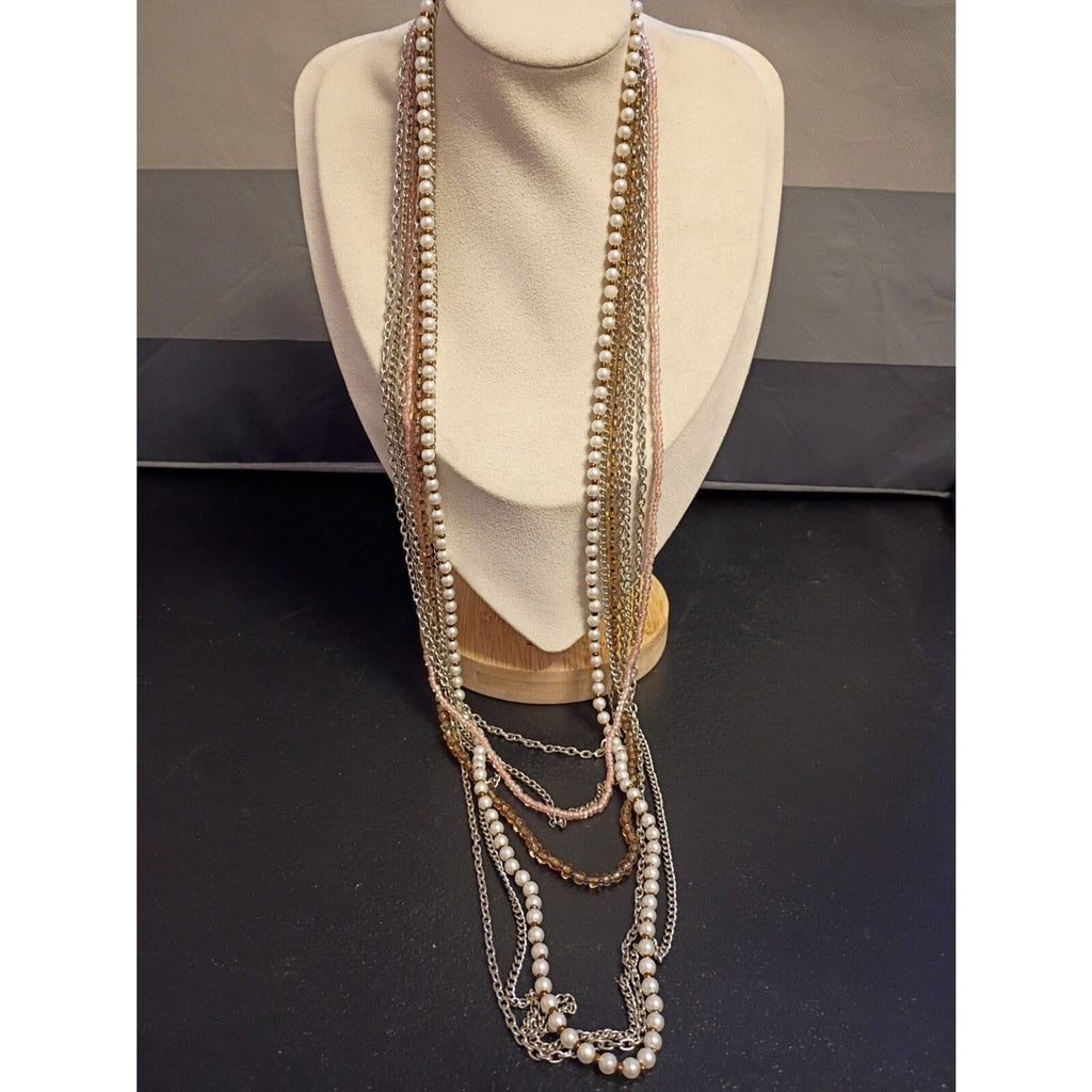 Vintage Mixed Media Multi Strand Necklace Embellished with Beads and Faux Pearls