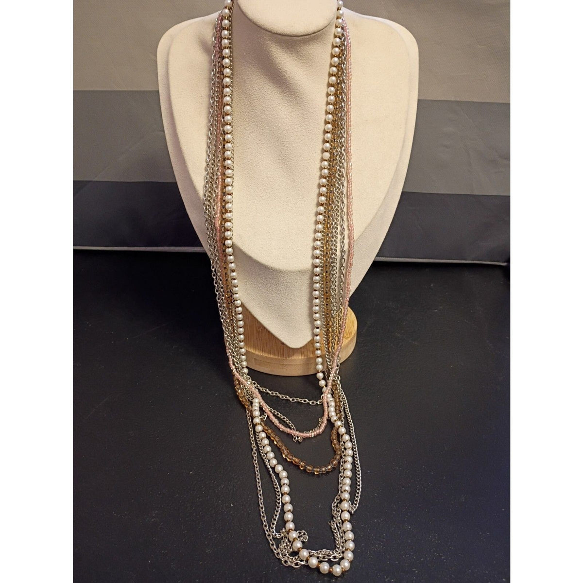 Vintage Mixed Media Multi Strand Necklace Embellished with Beads and Faux Pearls