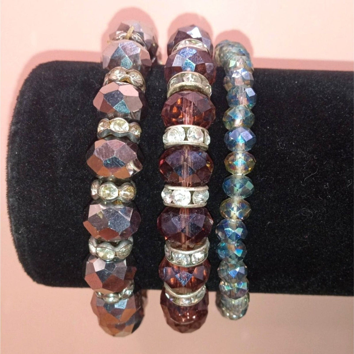Vintage 3-Piece Stackable Crystal Beaded Bracelet Set - Red, Blue & Silver