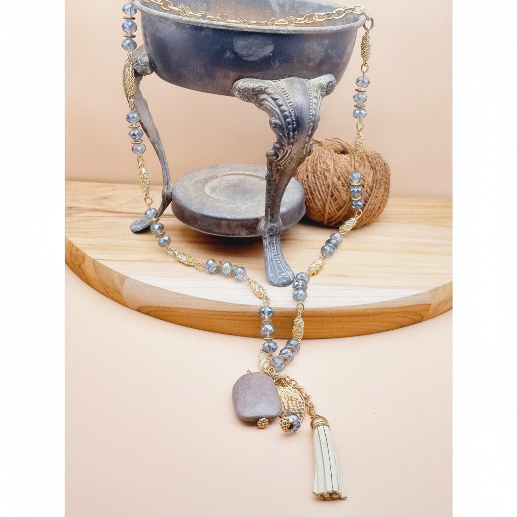 Natural Snakeskin Agate Boho Strap Tassel with Carved Gold Tone Beads Necklace