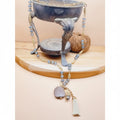 Natural Snakeskin Agate Boho Strap Tassel with Carved Gold Tone Beads Necklace
