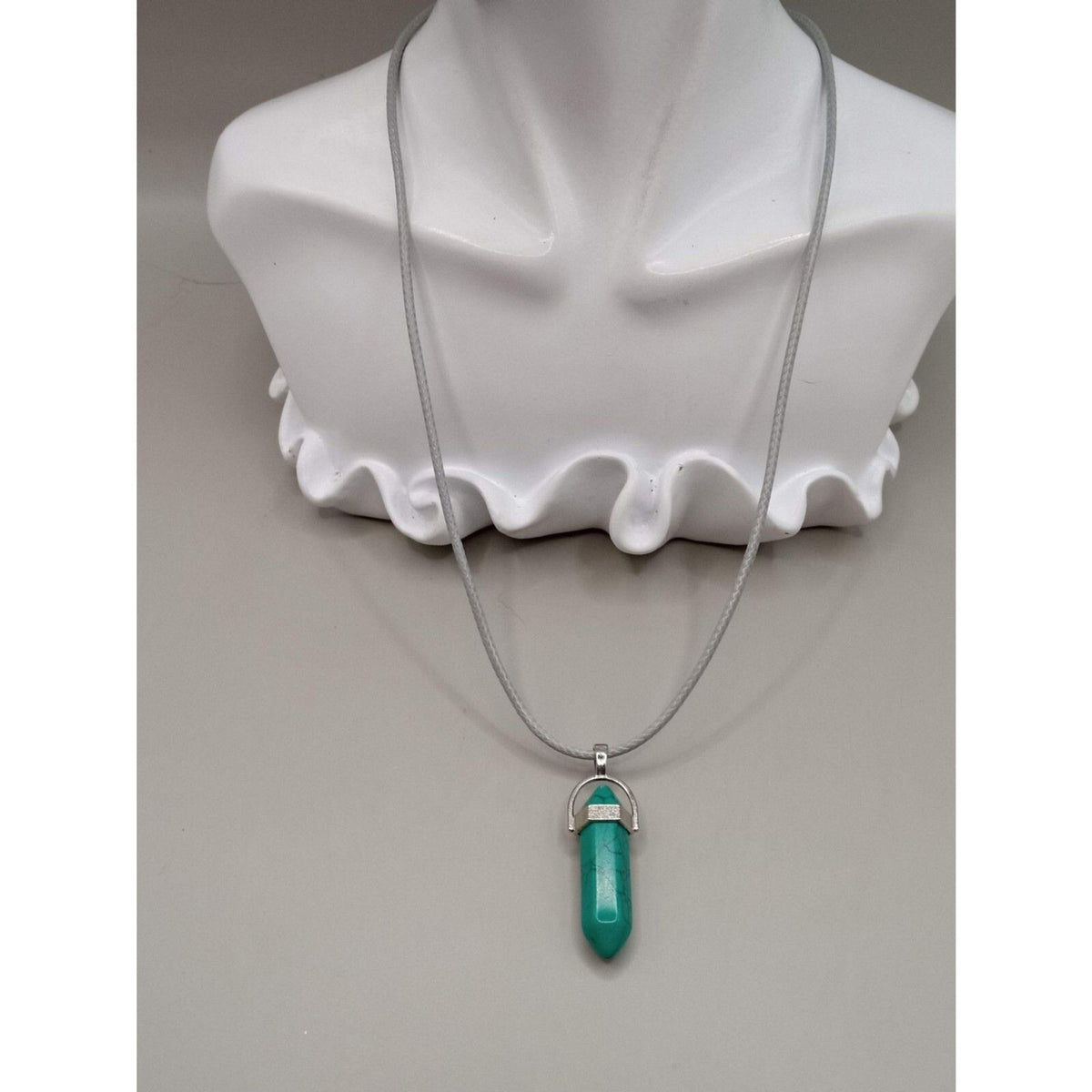 Pointed Turquoise Stone Pendant Necklace on Gray Cord