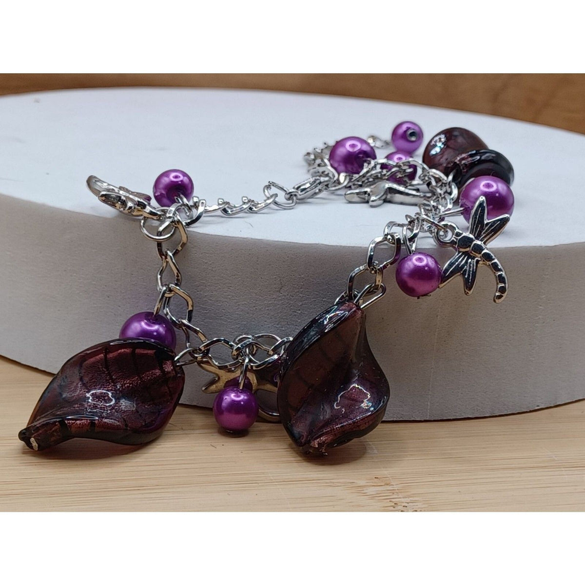 Vintage Purple Twist Beads Dragonfly Fairy Charm Bracelet