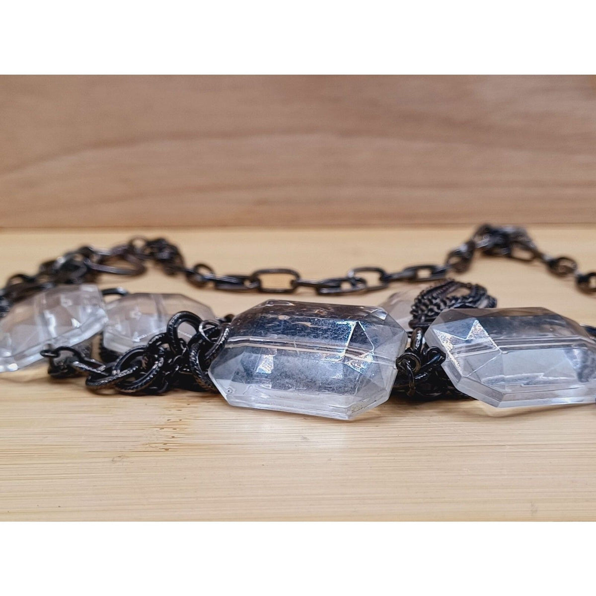 Cookie Lee Metal Gray Drawn Cable Chain Faceted Lucite Beads Layered Necklace
