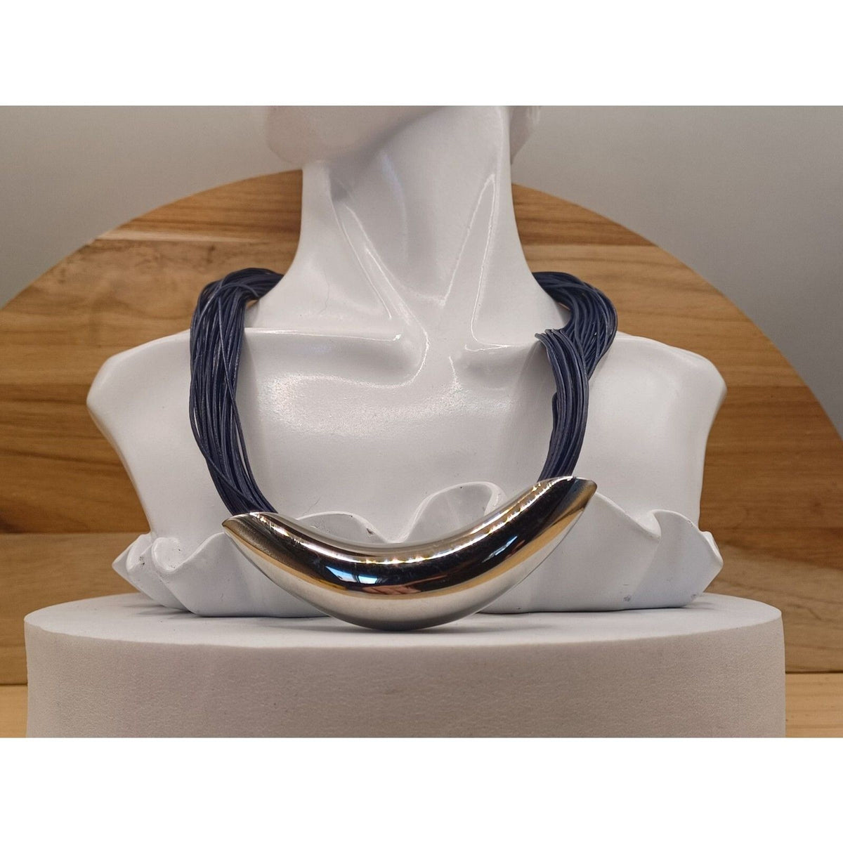 Vintage Blue Cord and Silver Tone Curved Tube Chunky Necklace