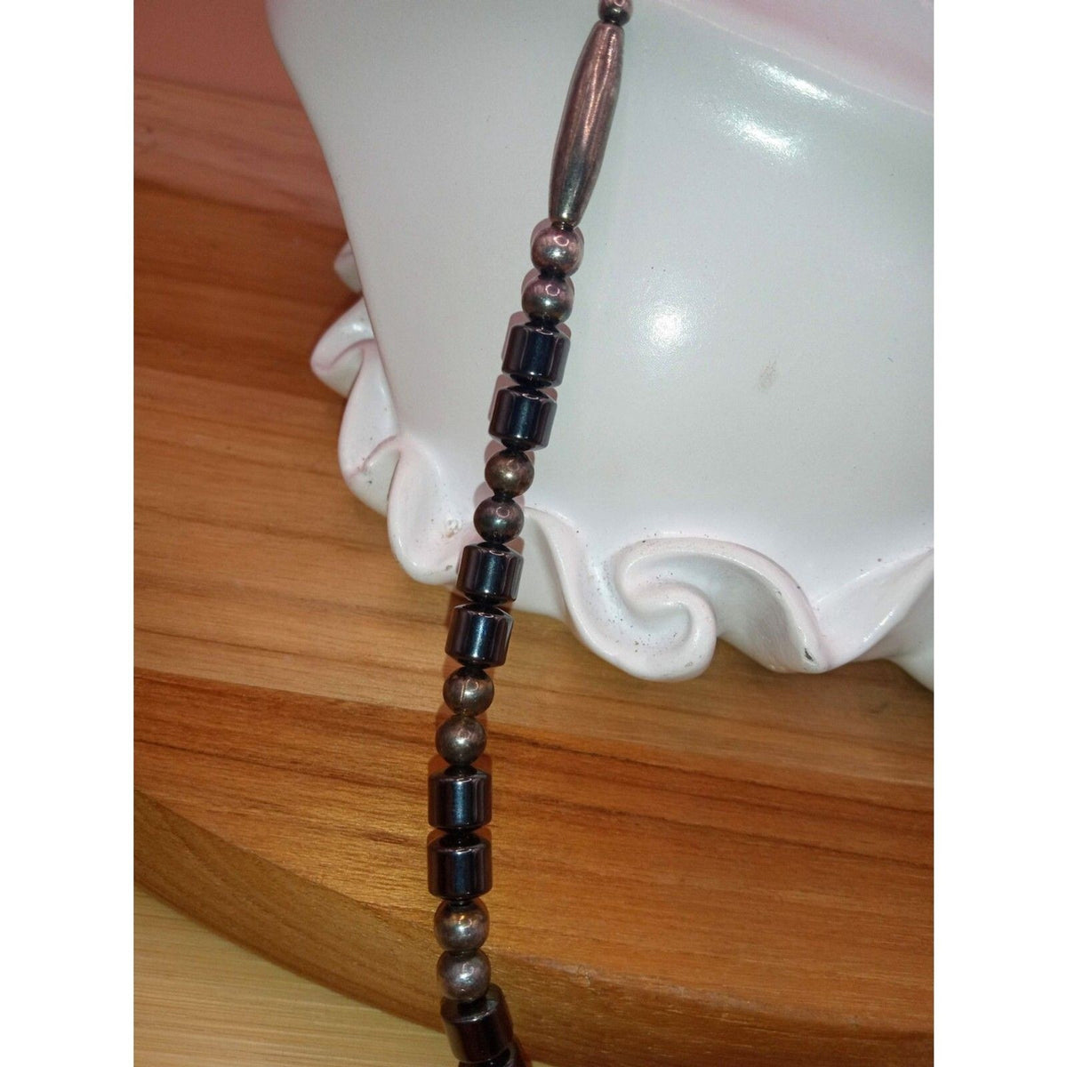 Vintage Natural Hematite & Glass Beaded Industrial Style Necklace