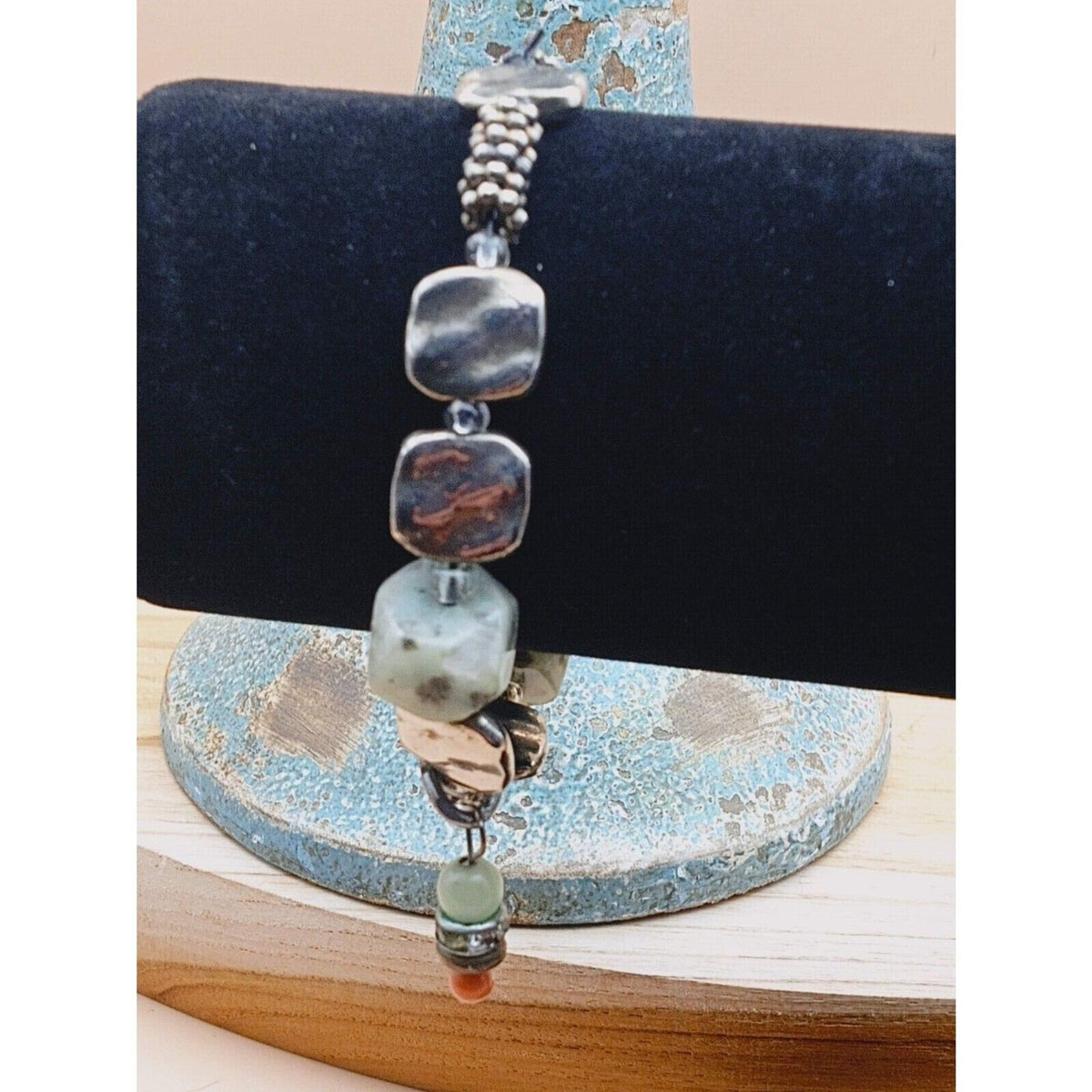 Natural Kiwi Jasper & Silvertone Charm Bracelet Dangle Charm
