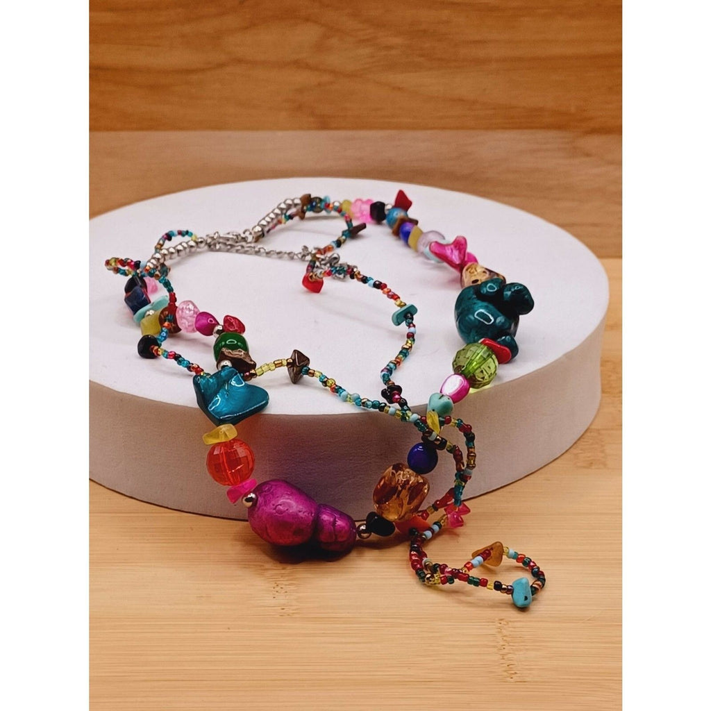 Stone Chip & Glass Bead Multi Color Double Strand Necklace