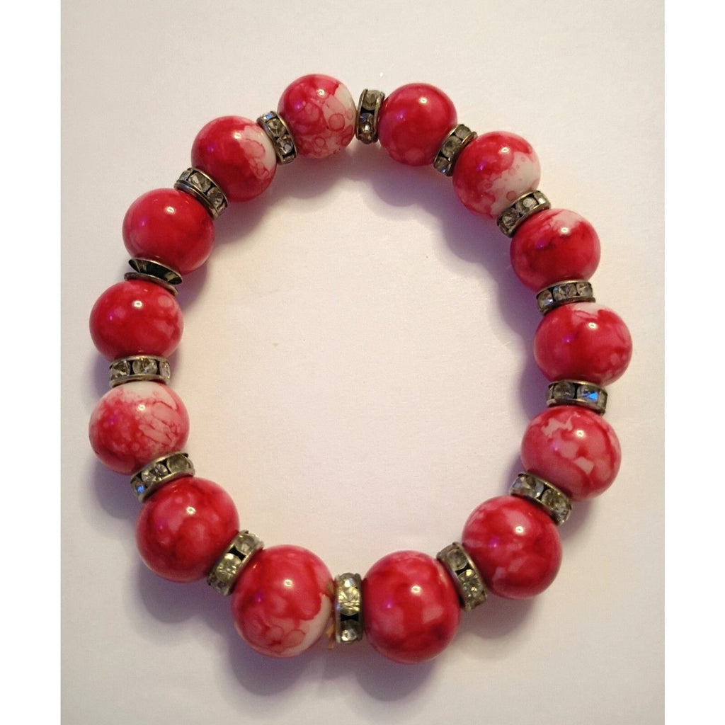 Beautiful Fire Red Glass Beaded Bracelet with Rhinestone Rondel Spacers Holidays