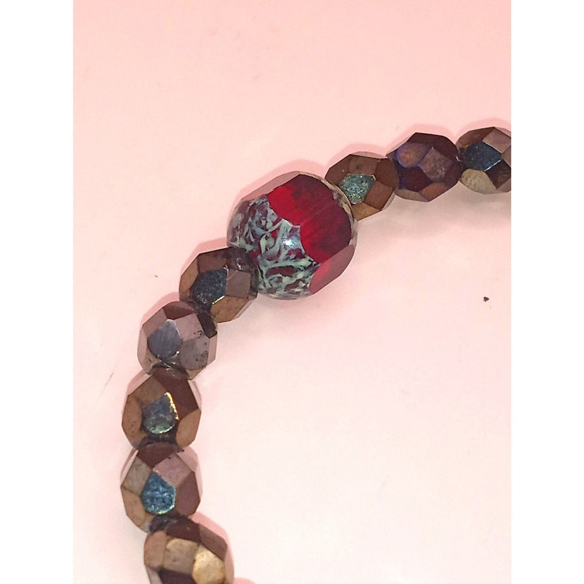 Vintage Fancy Red Crystal & Bronze Metallic Faceted Beaded Bracelet