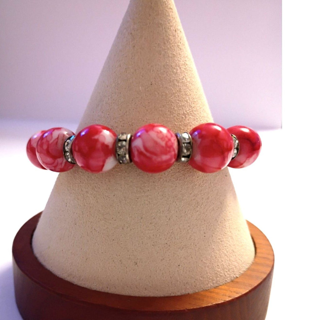 Beautiful Fire Red Glass Beaded Bracelet with Rhinestone Rondel Spacers Holidays