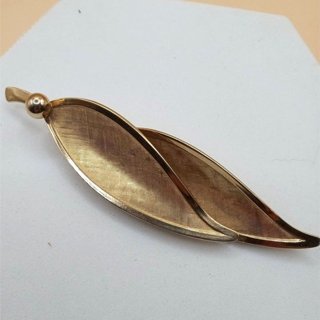 Vintage Long Gold Tone Double Leaf Art Deco Style Brooch Pin
