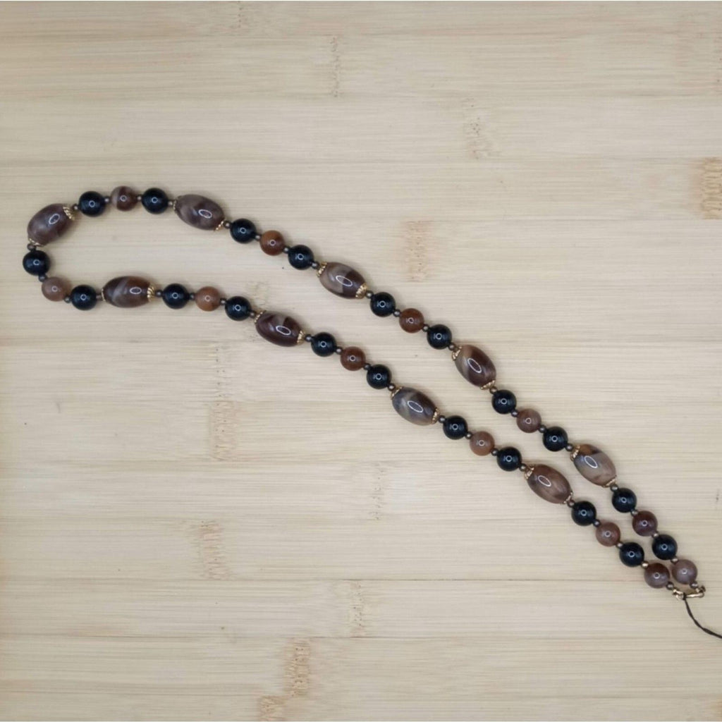 Vintage Root Beer Brown & Black Lucite Beaded Necklace with Gold-Tone Accent Stations